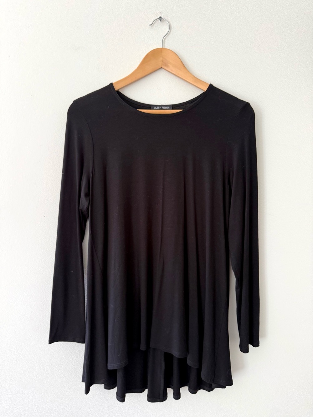 Eileen Fisher Black Viscose Jersey Tunic Top M Quiet Luxury Minimalist Lagenlook